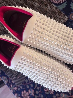 Christian Louboutin Luxury White Spike Slip-On Sneakers with Red Lininh